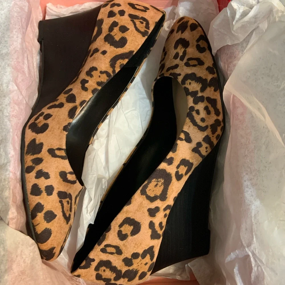 Kelly & Katie Tan Leopard Wedge Pumps
